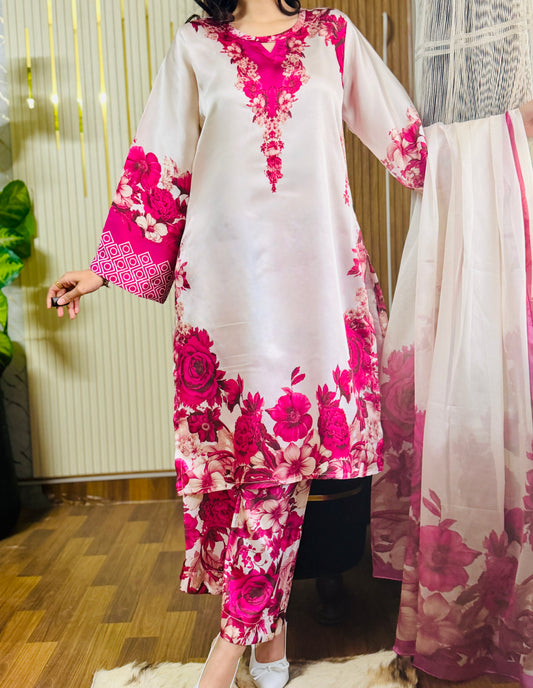 Digital Print Silk unstich 3pcs( pink Floral)