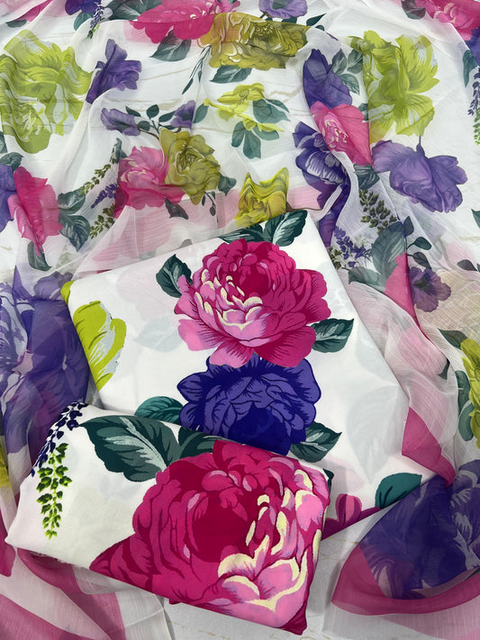Digital Printed Swiss Lawn 3pcs(white gulab)