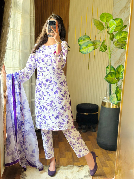 Aneelas Summer Digital printed swiss lawn unstich 3pcs (purple & white)