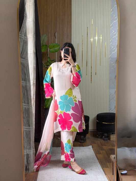 DIGITAL PRINT SHALMOZE Silk 3pcs(Cream-multi flowers)