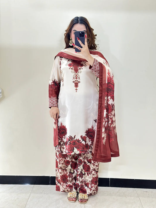 Digital Print Silk 3pcs(mehroon phool)