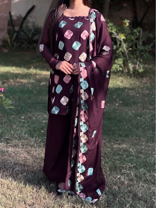 SOFT CHIFFON MULTI THREAD 3PCS UNSTICH DRESS
(plum)
