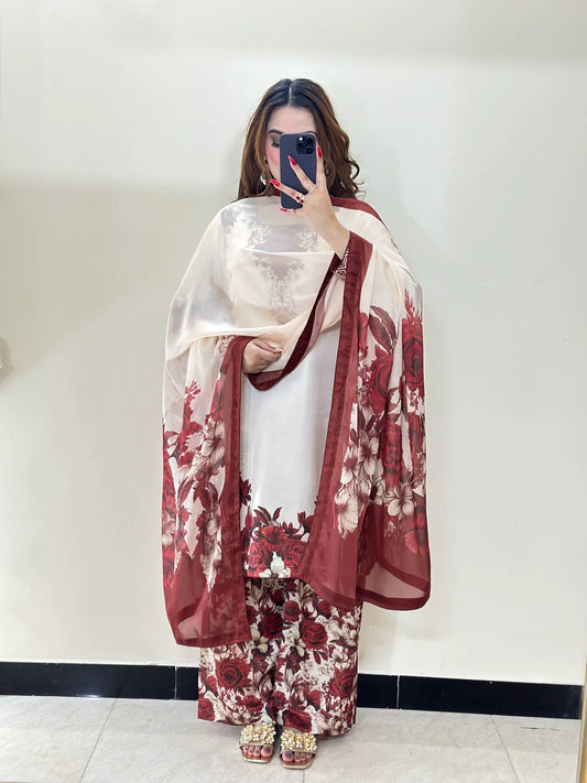 Digital Print Silk 3pcs(mehroon phool)