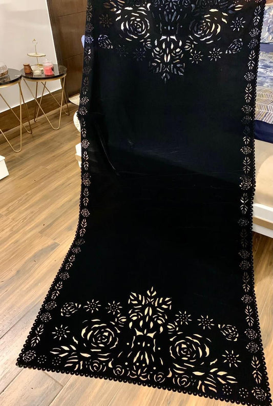 Laser Cut Velvet Shawl 2025 - Damask Black (GULAB)