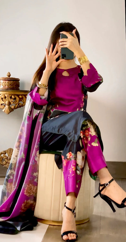 Digital print Silk 3pcs lulusar(black & murgenta)