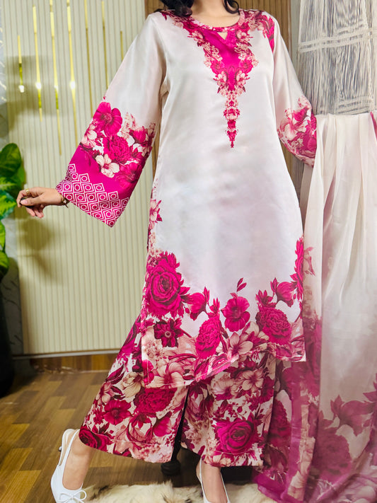 Digital Print Silk unstich 3pcs( pink Floral)