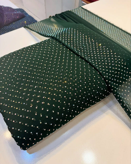 Chiffon Crystal Work unstich dress (bottle green)