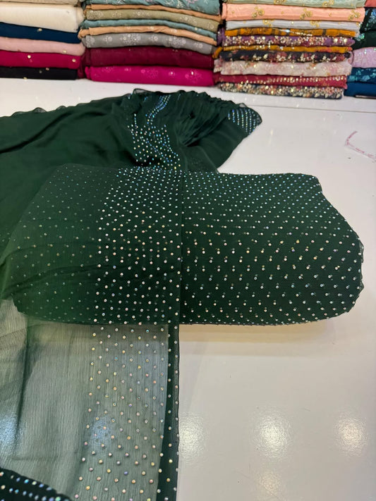 Chiffon Crystal Work unstich dress (bottle green)