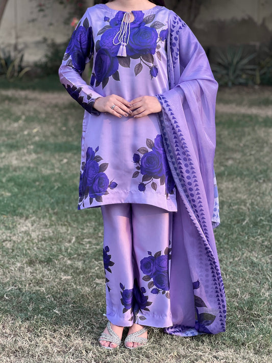 DIGITAL PRINT SHALMOZE Silk unstich 3pcs(lavender floral)