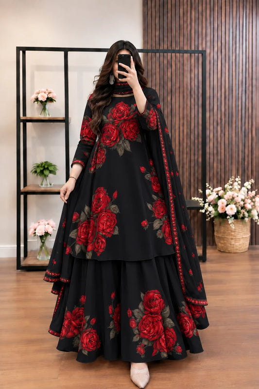 DIGITAL PRINT SHALMOZE Silk 3pcs(Red-flowers)