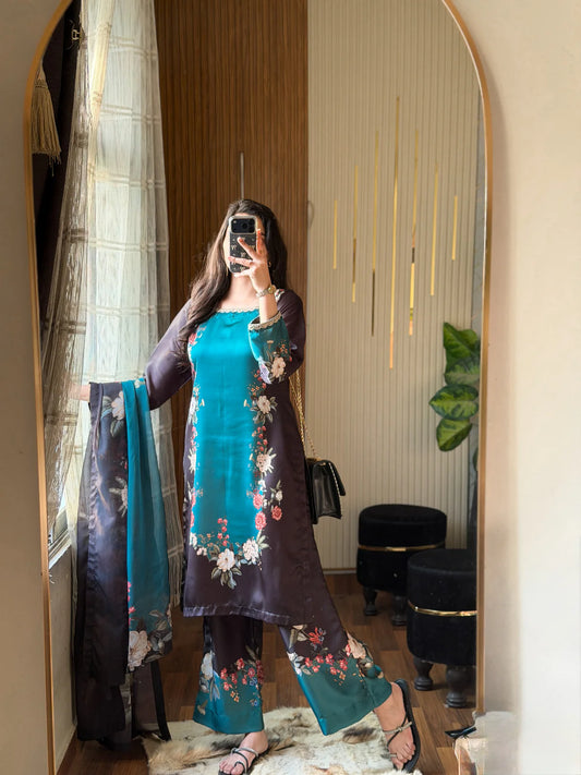 Digital Print Silk 3pcs Lulusar ( black & cgreen)