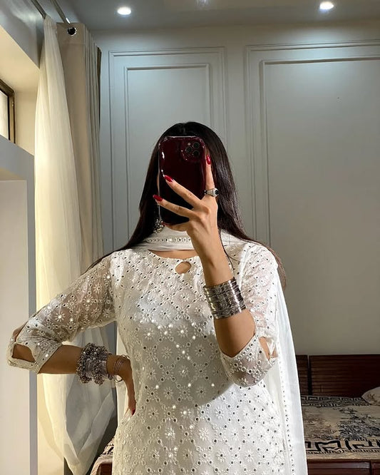 CHIFFON HEAVY EMB 3PCS UNSTICH DRESS (WHITE)