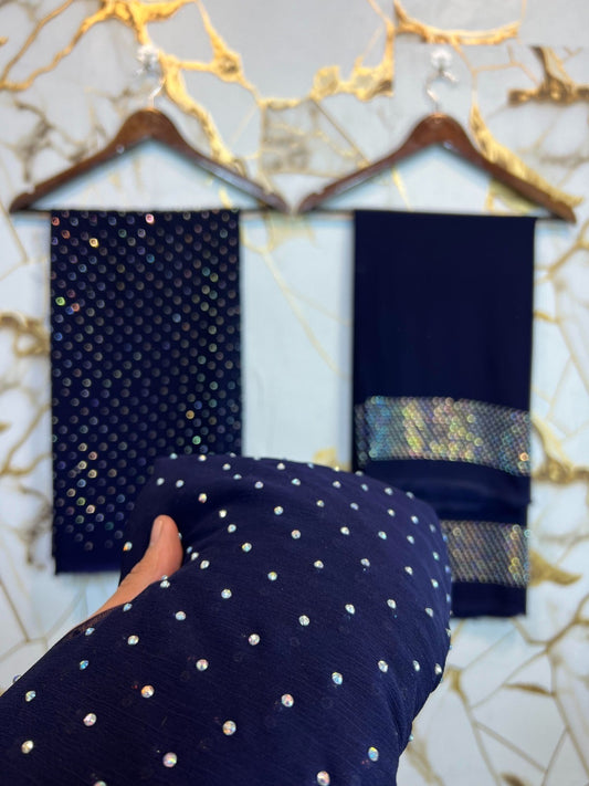 Chiffon Crystal Work unstich dress (neavy blue)