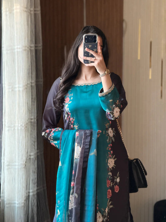 Digital Print Silk 3pcs Lulusar ( black & cgreen)