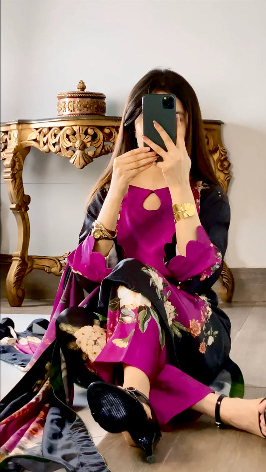 Digital print Silk 3pcs lulusar(black & murgenta)