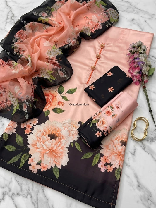 DIGITAL PRINT SHALMOZE Silk 3pcs(peach-roses)