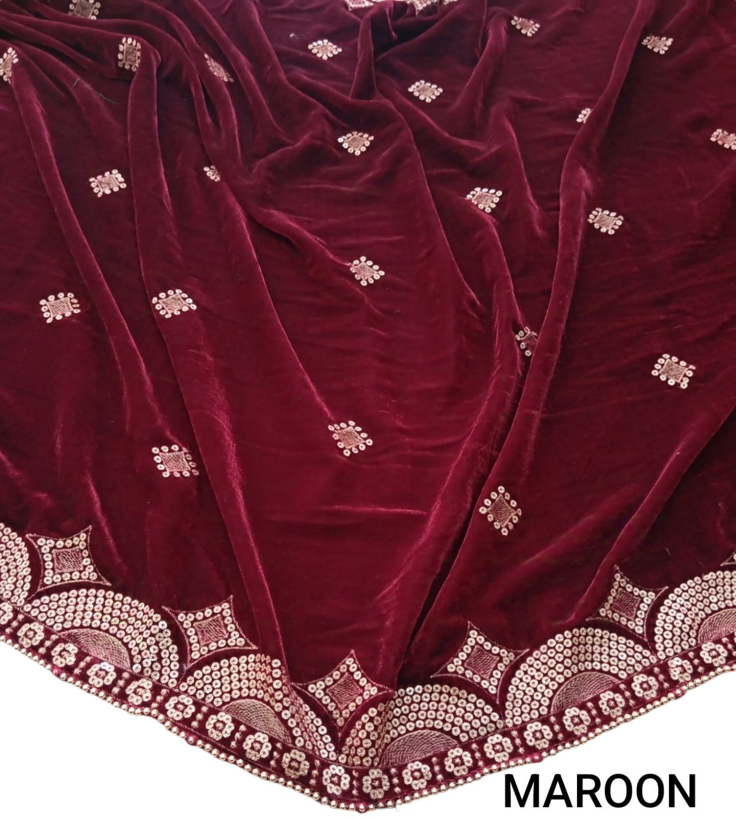 Velvet Sequence Embroidery Shawl-Maroon