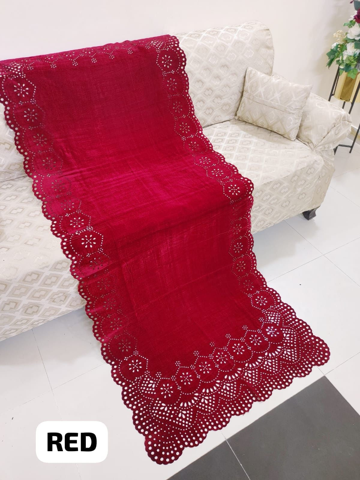 Laser Cut Velvet Shawl 2024 - Red