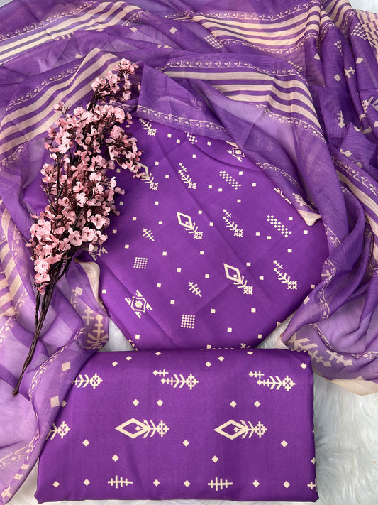 Digital Printed Swiss Lawn 3pcs( purpel Arow)