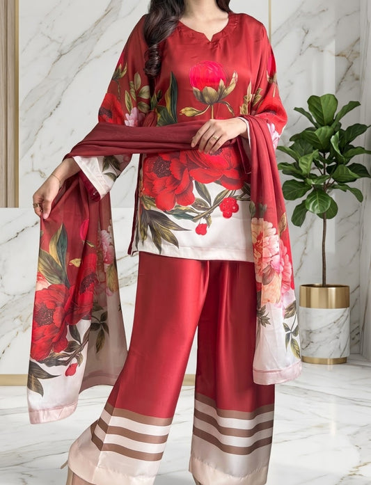 DIGITAL PRINT SHALMOZE Silk 3pcs(Red-Rose)