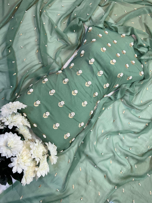 7Pearls Luxury Soft Chiffon Unstitched 3-Piece – Elegant Formal Collection (MINT GREEN)