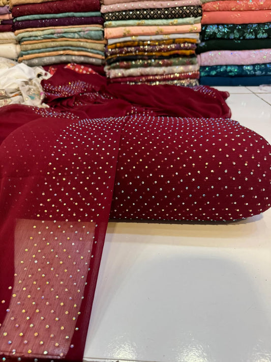 Chiffon Crystal Work unstich Dress( Redish mahroon)