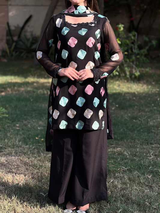SOFT CHIFFON MULTI THREAD 3PCS UNSTICH DRESS 
(black)