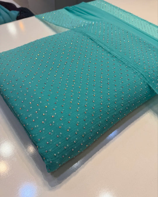Chiffon Crystal Work unstich Dress(Aqua)