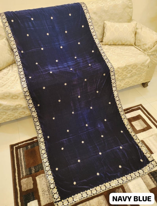 Velvet Embroidered Shawl - Navy blue