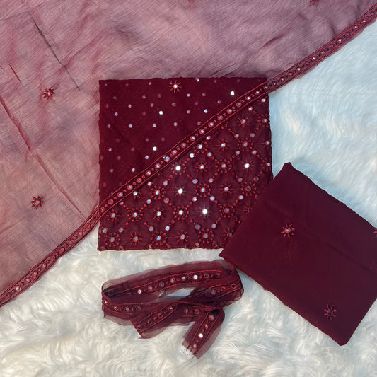 R-P 786  HEAVY EMBROIDERY CHIFFON 3PCS UNSTICH DRESS (mehroon)