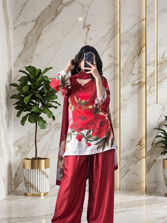 DIGITAL PRINT SHALMOZE Silk 3pcs(Red-Rose)