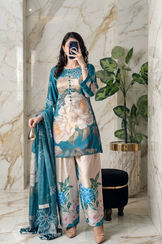 DIGITAL PRINT SHALMOZE Silk 3pcs(co-ord-set)