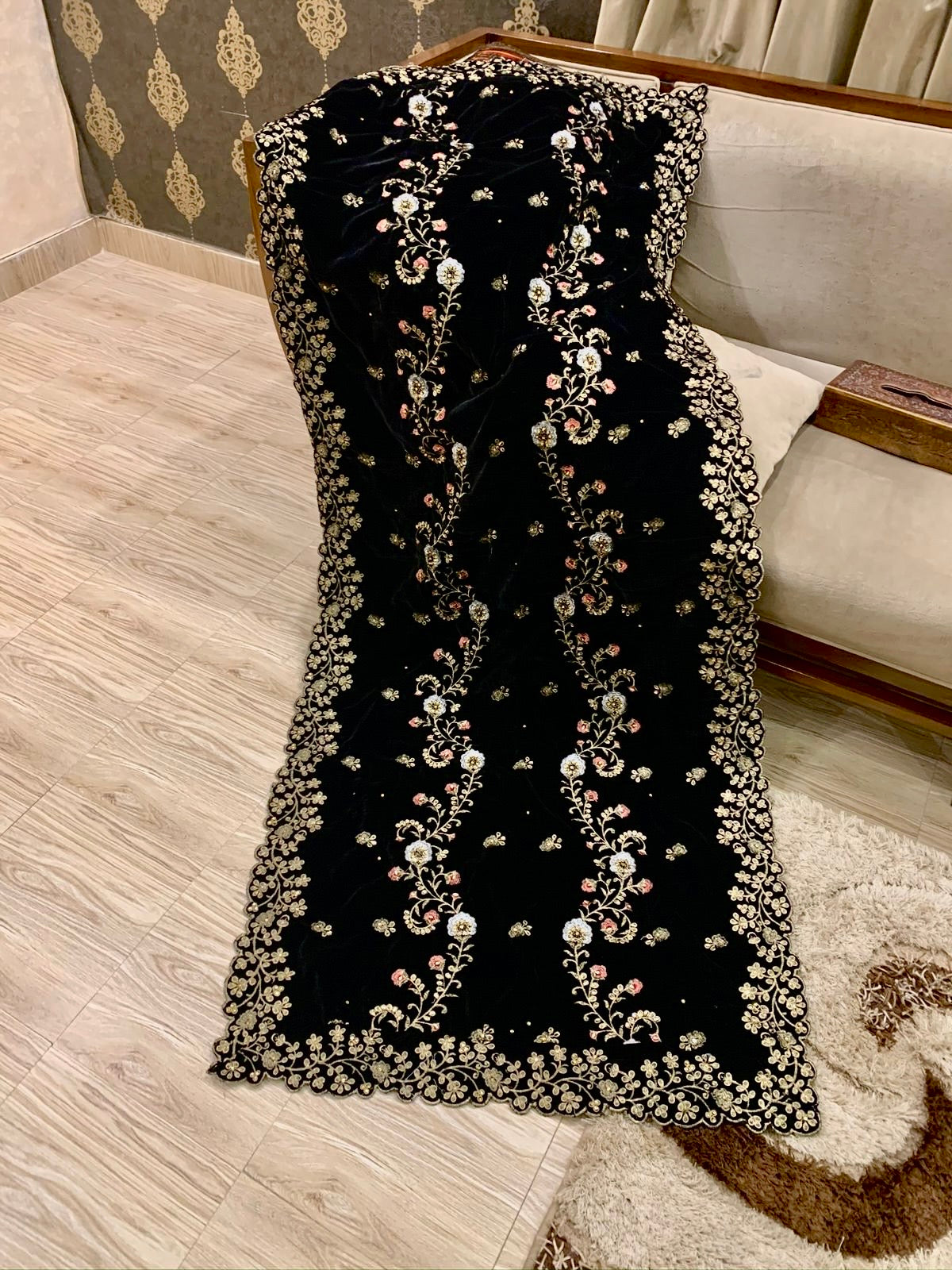 Velvet Embroidered Shawl- Black