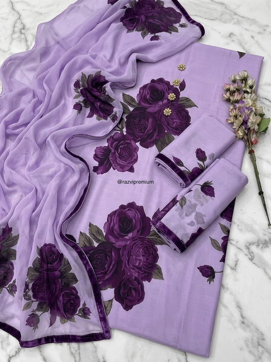 DIGITAL PRINT SHALMOZE Silk 3pcs(lavender floral)
