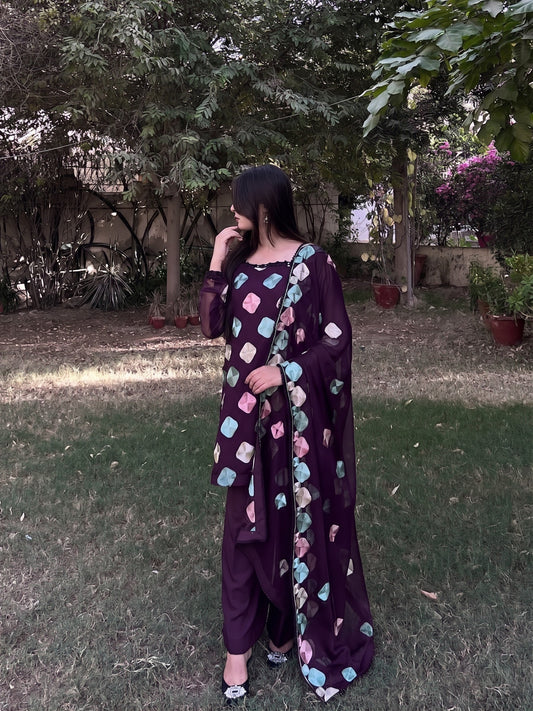 SOFT CHIFFON MULTI THREAD 3PCS UNSTICH DRESS 
(plum)