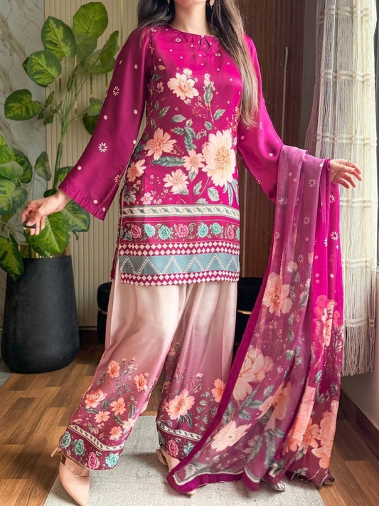 DIGITAL PRINT SHALMOZE Silk 3pcs(hot-magenta)