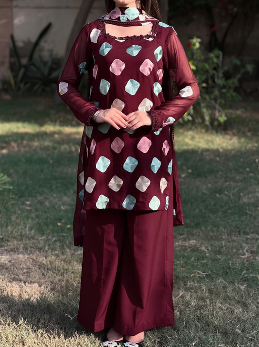 SOFT CHIFFON MULTI THREAD 3PCS UNSTICH DRESS 
(mehroon)