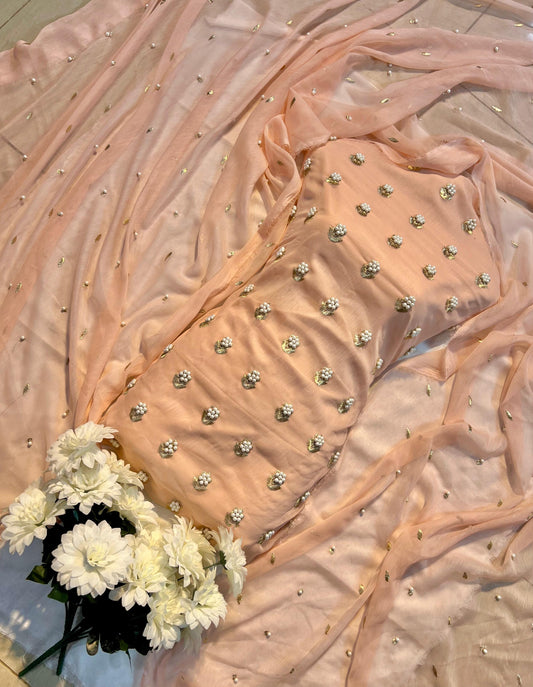 7Pearls Luxury Soft Chiffon Unstitched 3-Piece – Elegant Formal Collection (peach)