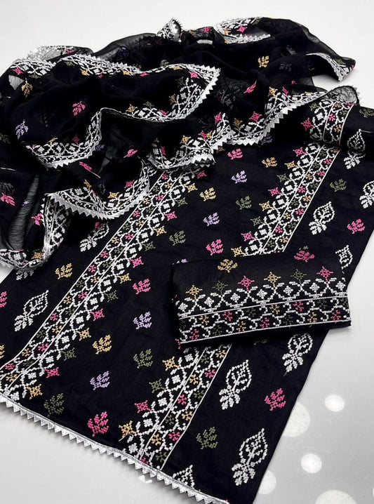 CROSSTICH EMBROIDERED LAWN UNSTITCHED 3PCS COLLECTION (black)