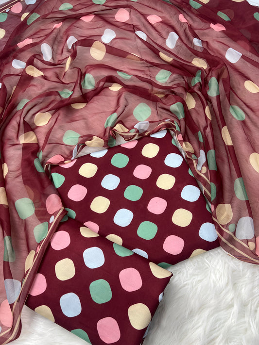 SWISS LAWN UNSTICH 3pcs(mehroon polka)