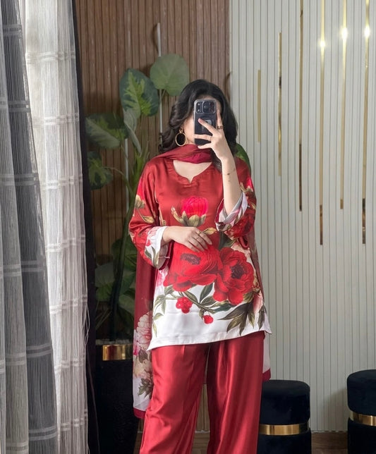 DIGITAL PRINT SHALMOZE Silk 3pcs(Red-Rose)