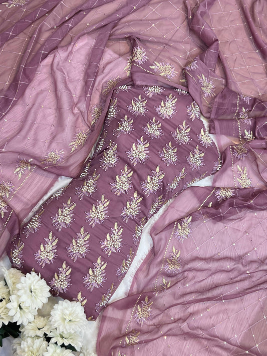 Soft Chiffon  – Fine Pearls  Embroidery | 3PC (lailac)
