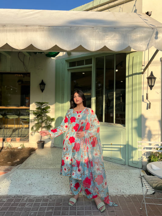 Summer Digital printed swiss lawn unstich 3pcs(Red-floral)