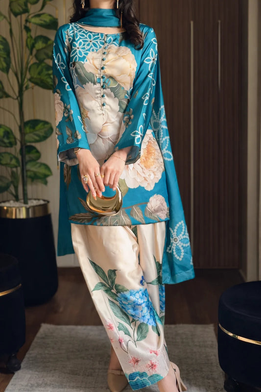 DIGITAL PRINT SHALMOZE Silk 3pcs(co-ord-set)