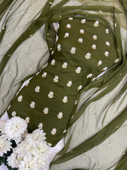7Pearls Luxury Soft Chiffon Unstitched 3-Piece – Elegant Formal Collection  (OLIVE GREEN)