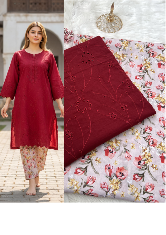 Boring Lawn Chickenkari 2 pcs Viral DRESS 👗 (redish mehroon)