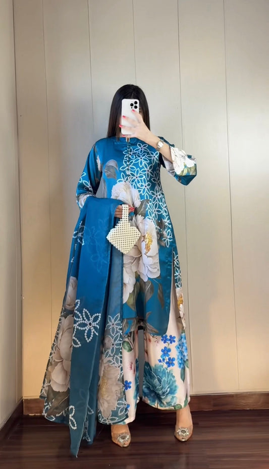 DIGITAL PRINT SHALMOZE Silk 3pcs(co-ord-set)