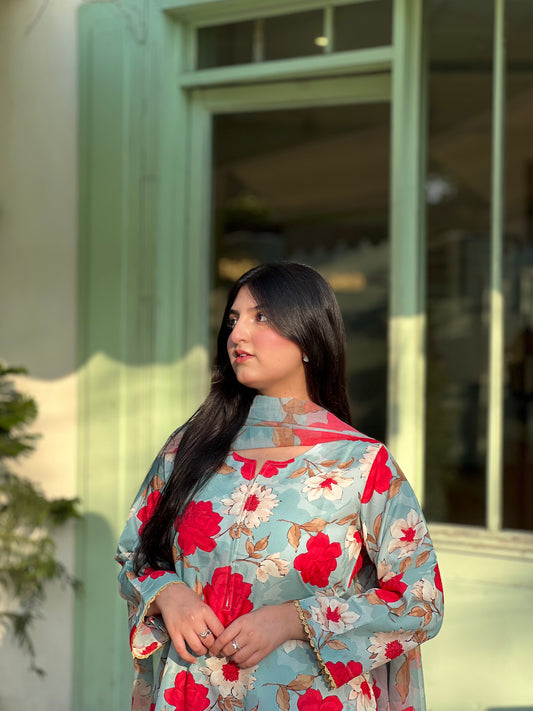 Summer Digital printed swiss lawn unstich 3pcs(Red-floral)