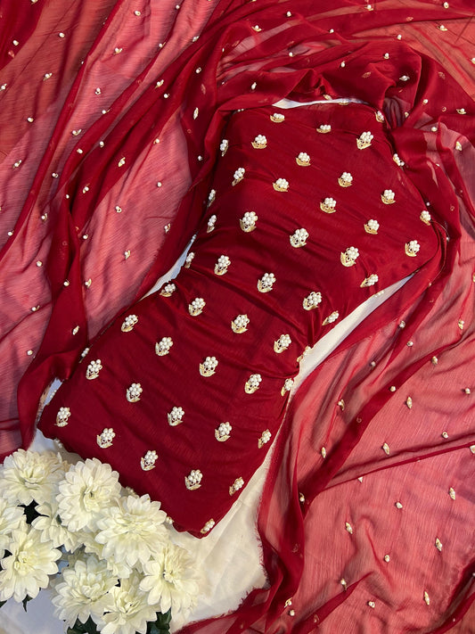 7Pearls Luxury Soft Chiffon Unstitched 3-Piece – Elegant Formal Collection  (REDDISH MEHROON)