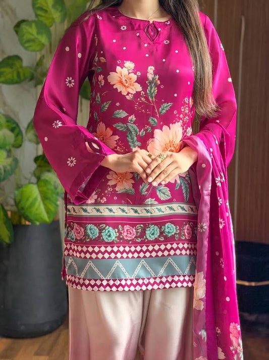 DIGITAL PRINT SHALMOZE Silk 3pcs(hot-magenta)
